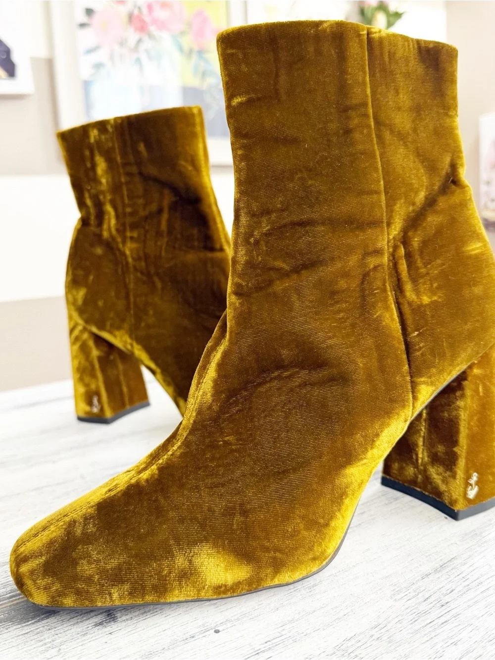 Sam Edelman Velvet Ankle Boots in Mustard Gold